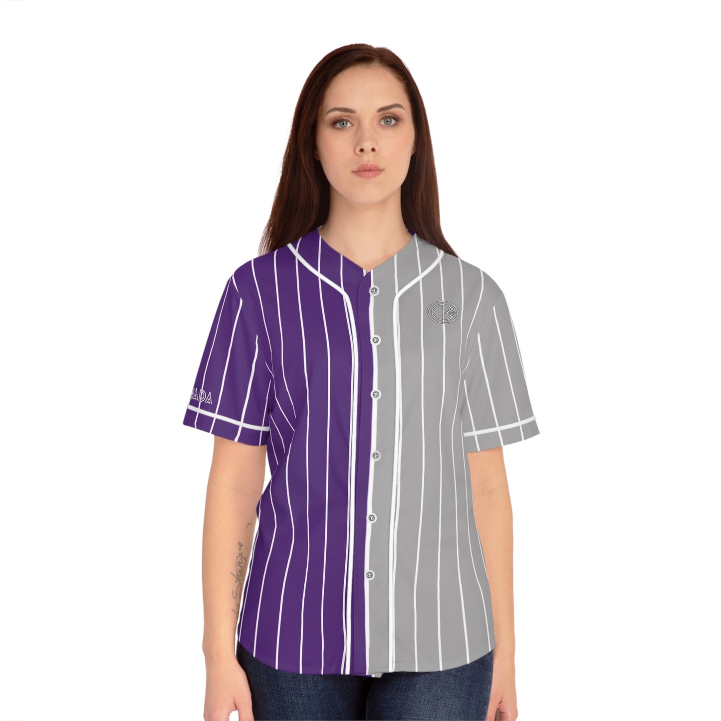 OKENNADA "Two Worlds" Women's Baseball Jersey All Over Prints M Purple/Gray White