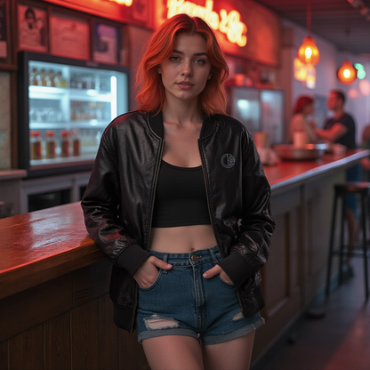 OKENNADA "Boundless Bold" Faux Leather Bomber Jacket Black XS