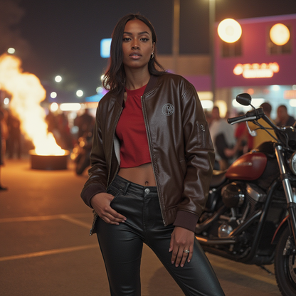 OKENNADA "Boundless Bold" Faux Leather Bomber Jacket Brown XS