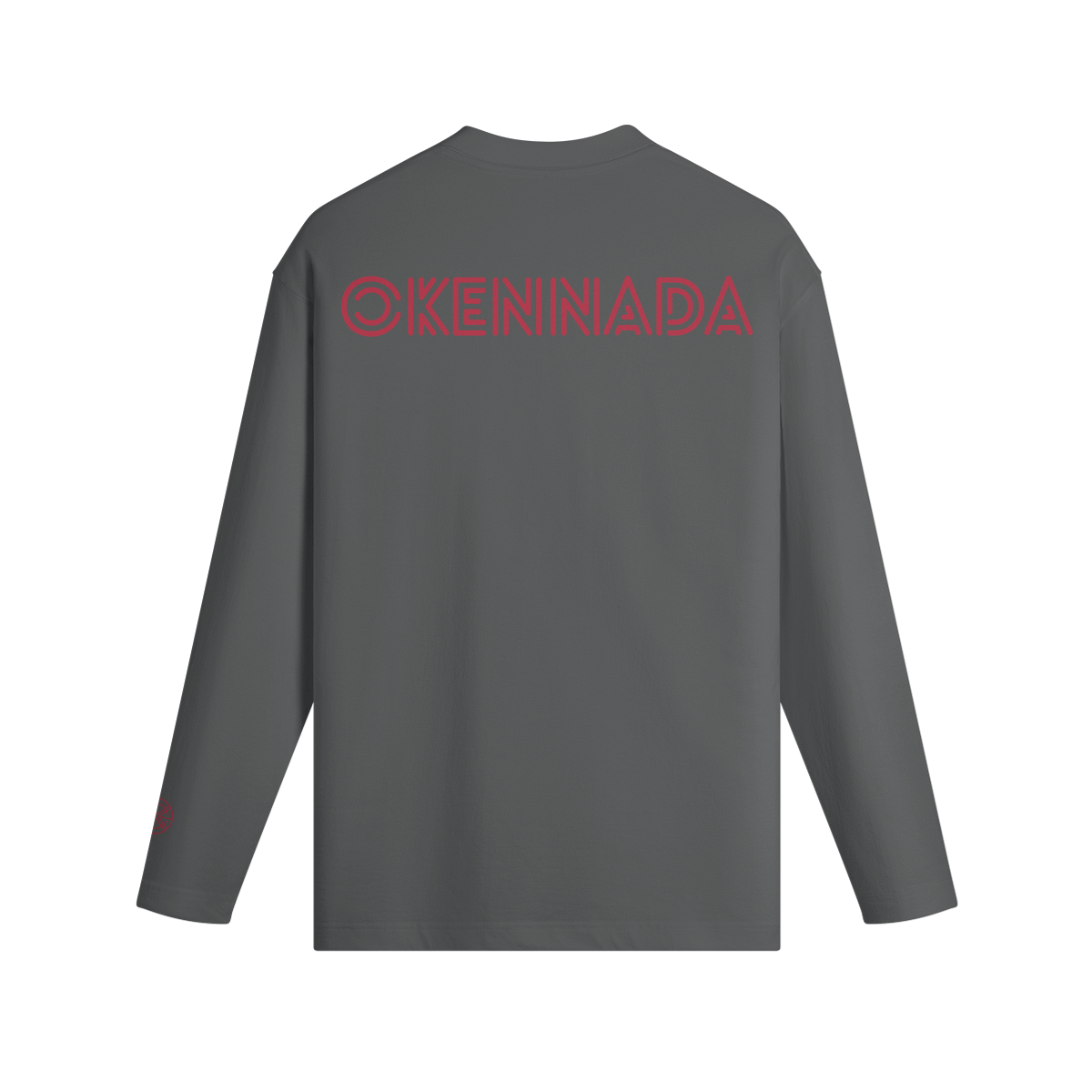 OKENNADA "Essential Layer" Crew Neck Long Sleeve T-shirt  Dark Gray S Red Print