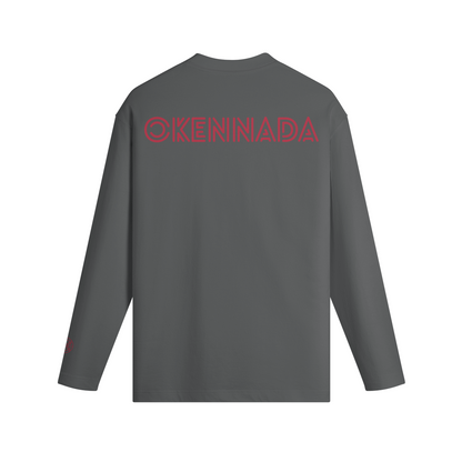 OKENNADA "Essential Layer" Crew Neck Long Sleeve T-shirt  Dark Gray S Red Print