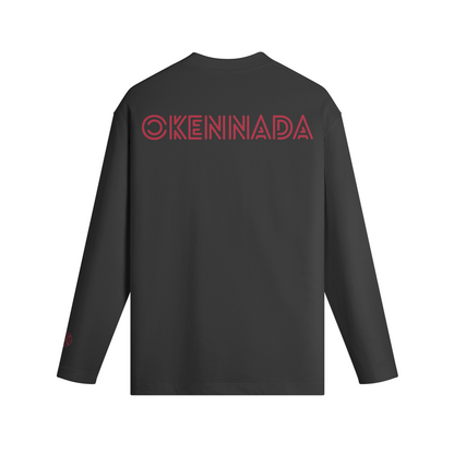 OKENNADA "Essential Layer" Crew Neck Long Sleeve T-shirt  Black XS Red Print