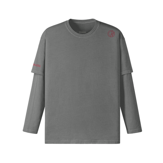 OKENNADA "Layered Legacy" Long Sleeve Tee  Light Gray S Red Front/Back